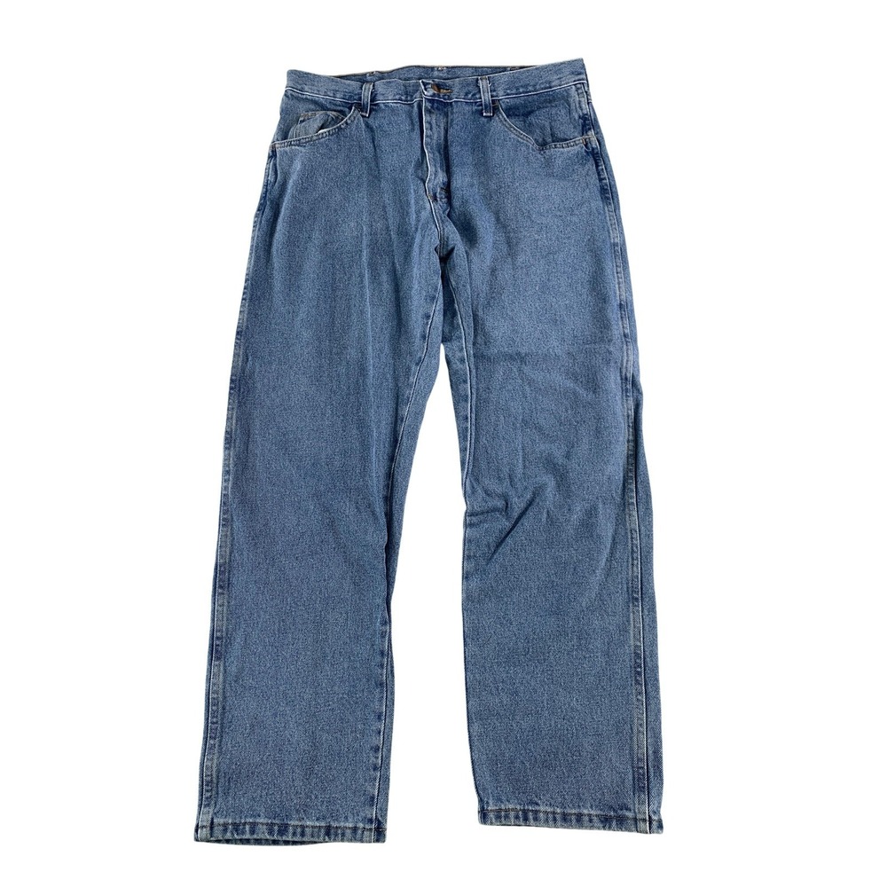 Rustler Jeans Mens 36x30 Blue Denim Straight Leg Five Pocket Zip Fly Medium Wash